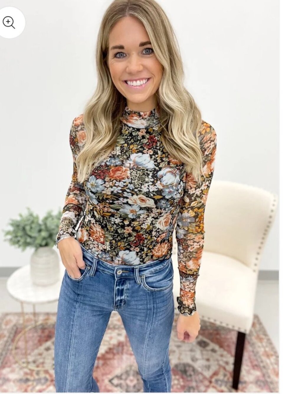 Women's Size Xl Iris Floral Mesh Top Layering Long Sleeve High Neck Multicolored